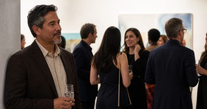 Observant adult calmly noticing group dynamics at an elegant reception