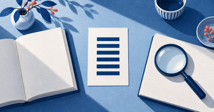 I Ching symbols and interpretation A blue editorial illustration of a reading desk with a book, magnifier and six-line diagram.