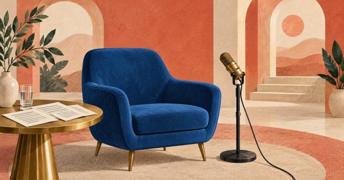 Oprah, intuition and public evidence An editorial illustration of an empty interview chair, microphone and source notes.
