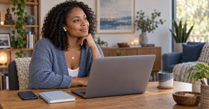 Woman with earbuds beside a laptop, face-down phone and closed notebook