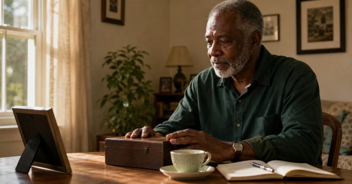 Older man reflecting with a memory box and family photograph