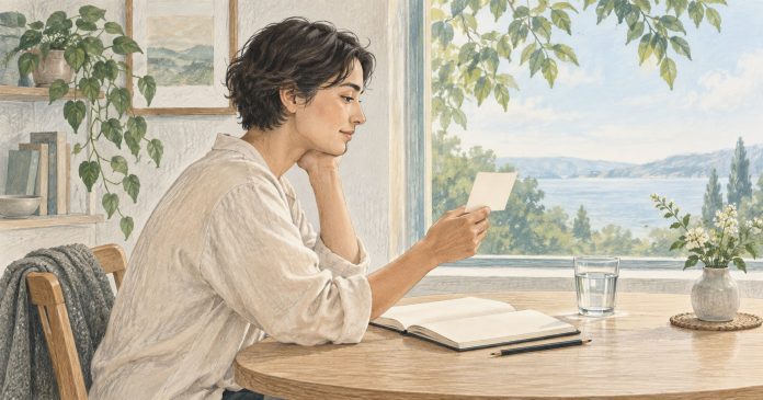 A quiet moment with an ordinary reminder card Person seated near a window holding a small blank card beside an open notebook.