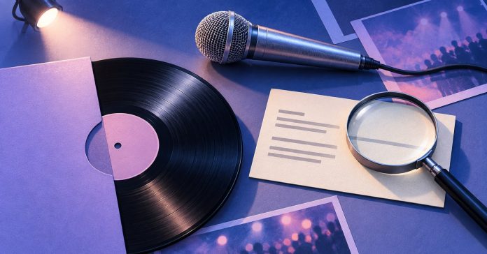 A conceptual illustration of a record, stage microphone and magnifying glass over a blank source card.