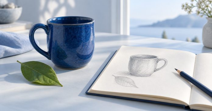 Separating observation from imagination A blue ceramic cup and leaf beside an open observation notebook with a simple sketch of the cup.