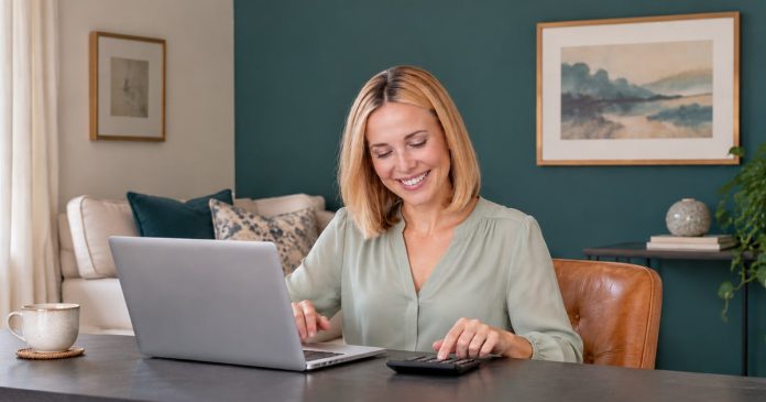 A woman calculating the budget for an online clairvoyant reading beside a silver laptop.