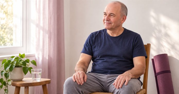 Man sitting comfortably beside a rolled yoga mat and glass of water.